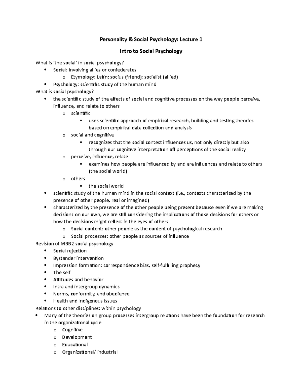 Personality & Social Psychology Lecture 1 Intro to Social Psychology ...