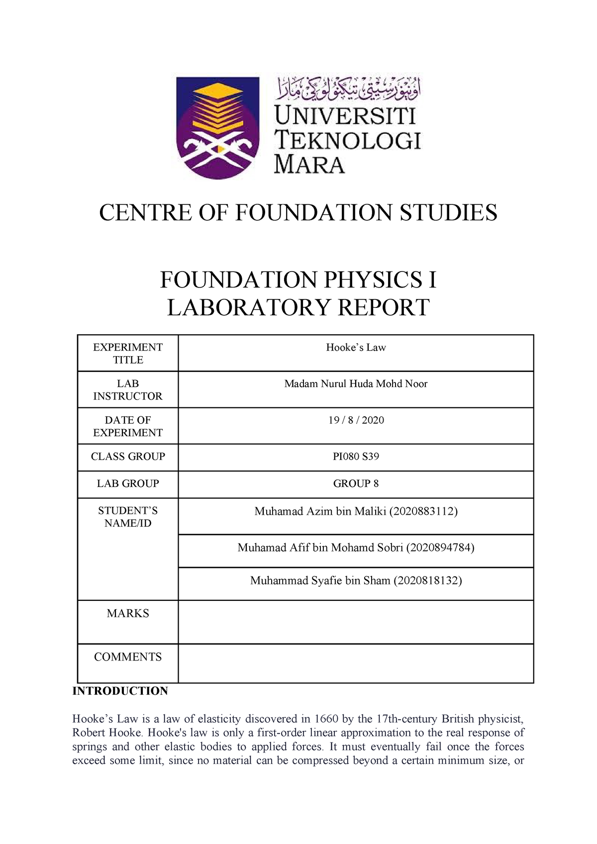 Lab Report Physics Hooke S Law Foundation In Science Studocu