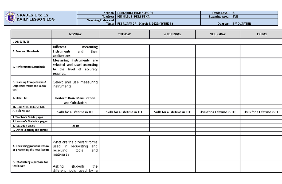 DLL TLE8 Q3 w3 - tle - GRADES 1 to 12 DAILY LESSON LOG School ...