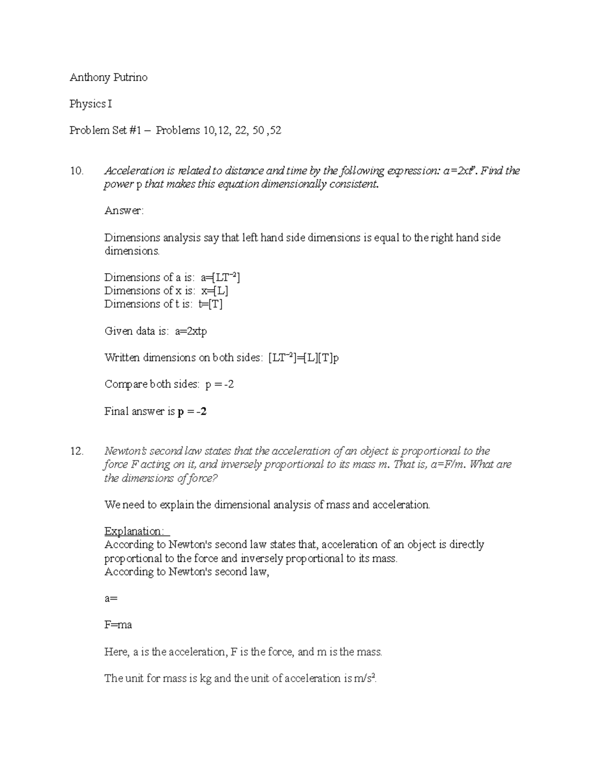 Problem Set #1 - Anthony Putrino Physics I Problem Set #1 – Problems 10 ...