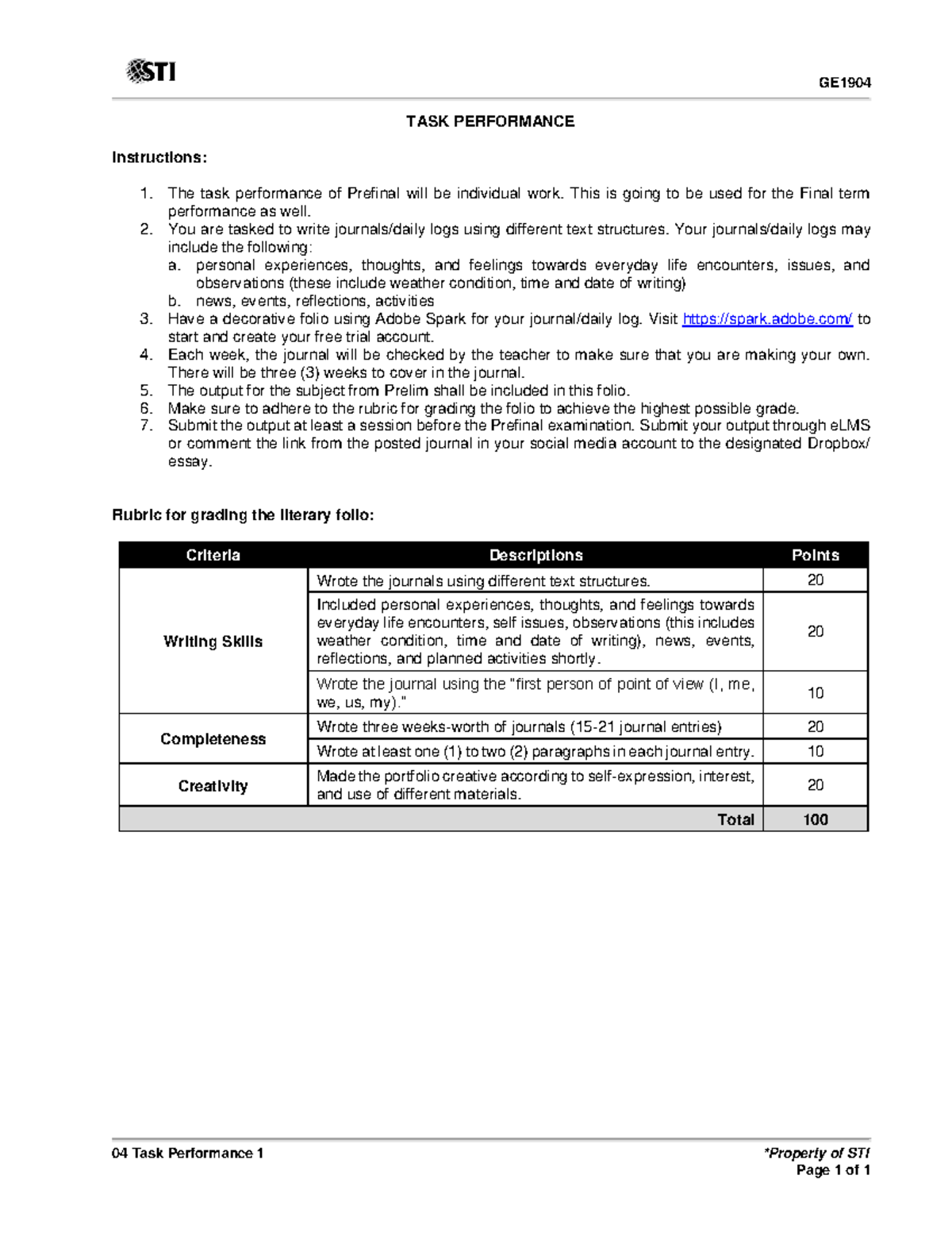 04 Task Performance 1(13) - GE 04 Task Performance 1 *Property of STI ...