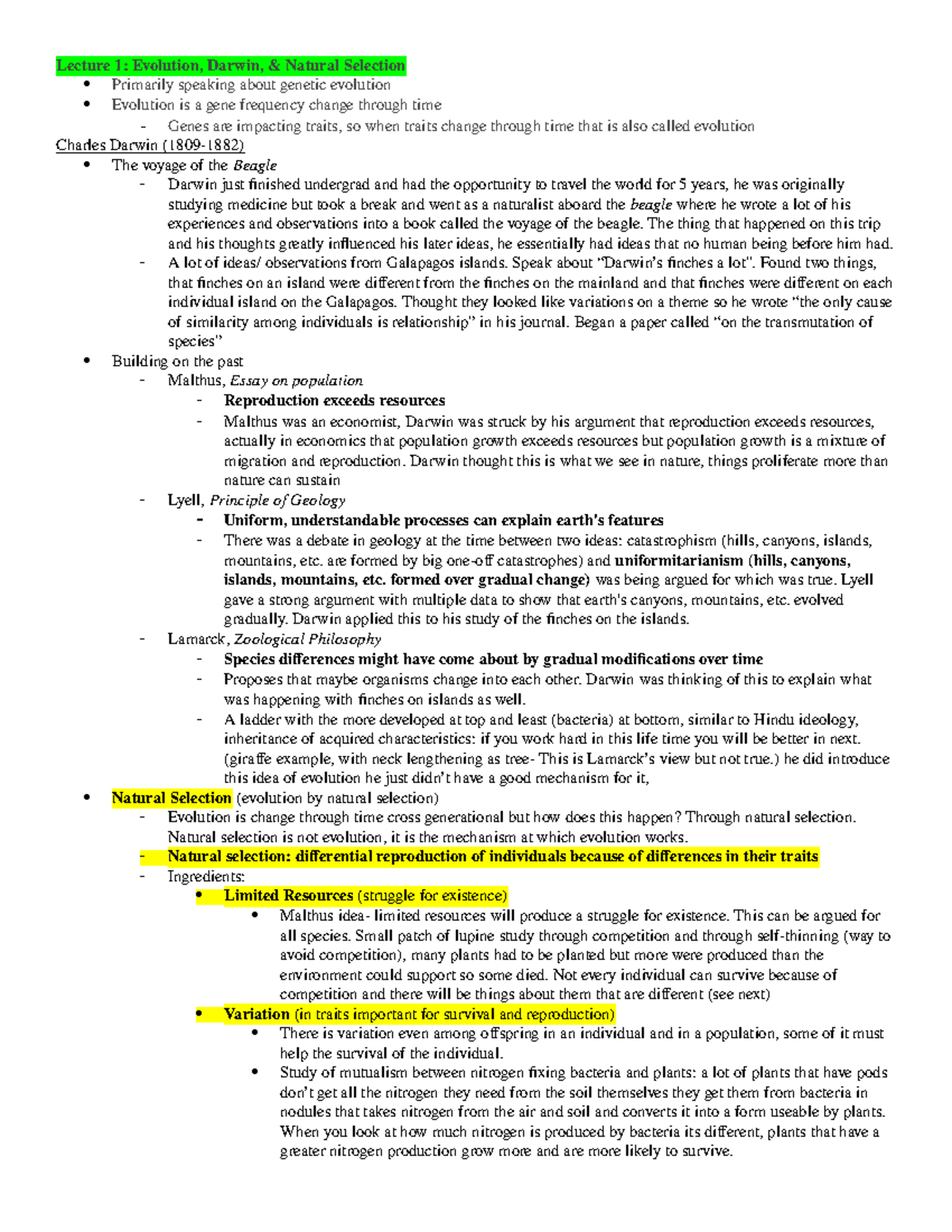 Lecture 1: Evolution, Darwin, & Natural Selection - Lecture 1 ...
