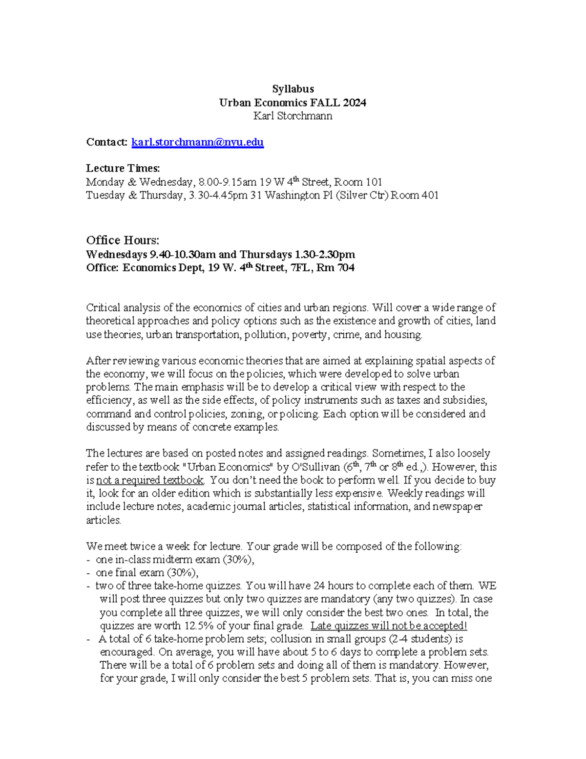 Syllabus Urban FA24 - Syllabus Urban Economics FALL 2024 Karl ...