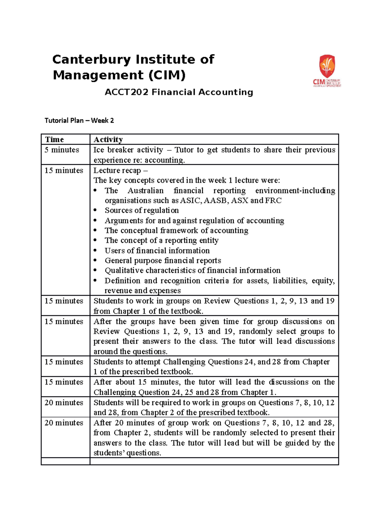 ACCT202 Week 2 Tutorial Plan Final - Canterbury Institute of Management ...