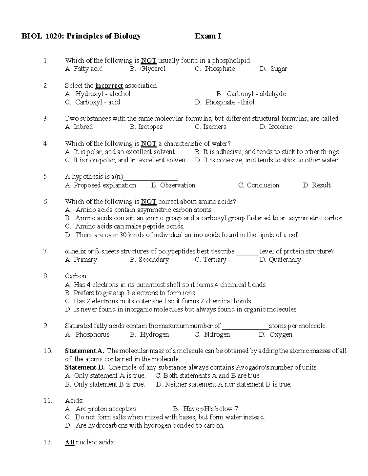 Past Exam Questions For Practice - BIOL 1020: Principles Of Biology ...