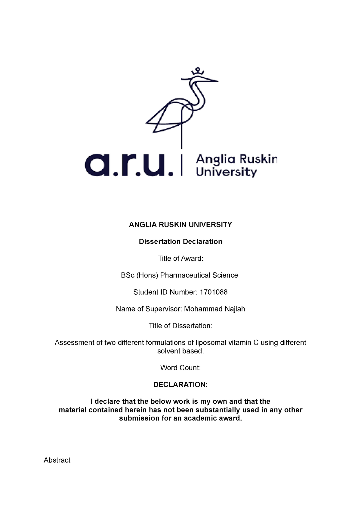 anglia ruskin university dissertation format