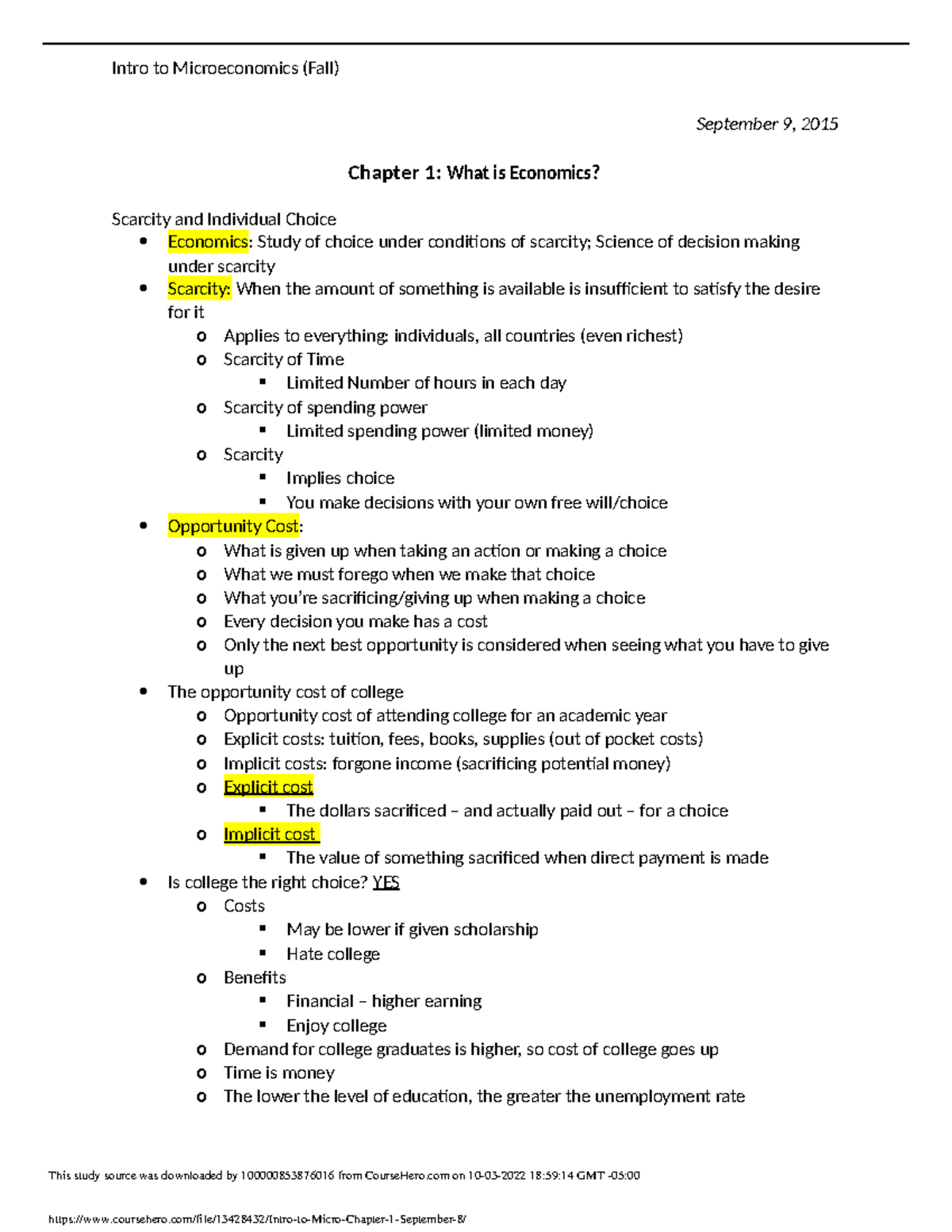 Chapter 1 - Intro To Microeconomics (Fall) September 9, 2015 Chapter 1 ...