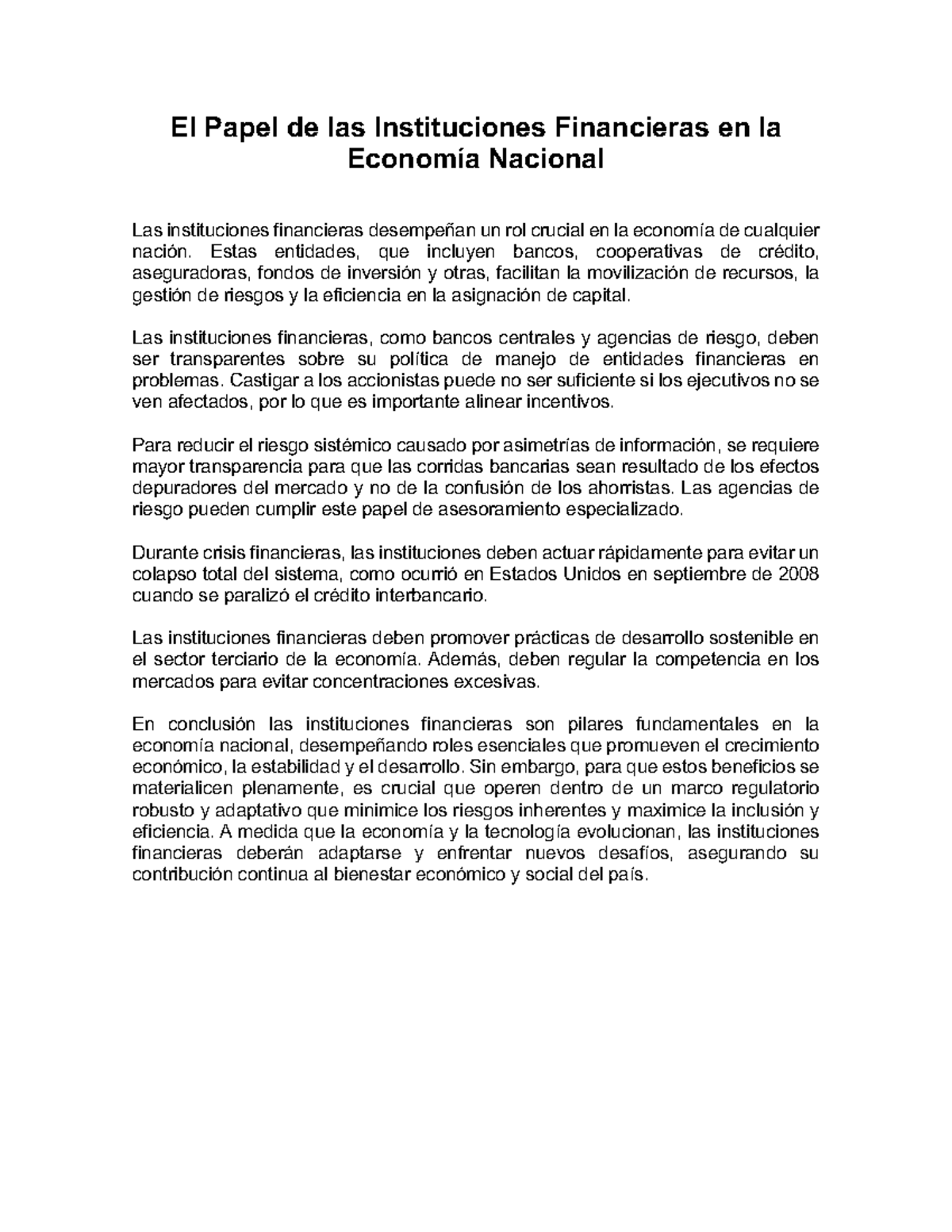 El Papel de las Instituciones Financieras en la Economía Nacional - El ...
