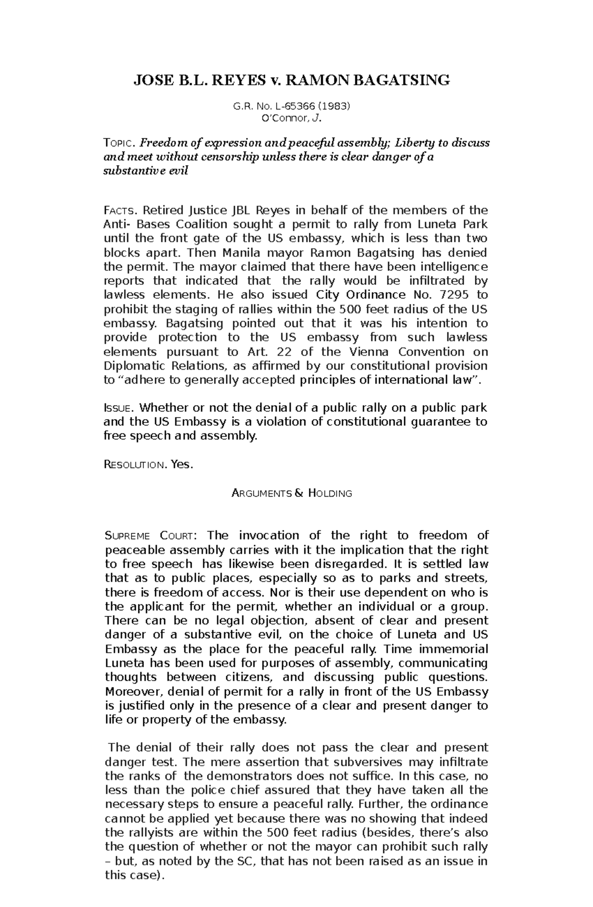 Jbl reyes v bagatsing Case Digest JOSE B. REYES v. RAMON BAGATSING