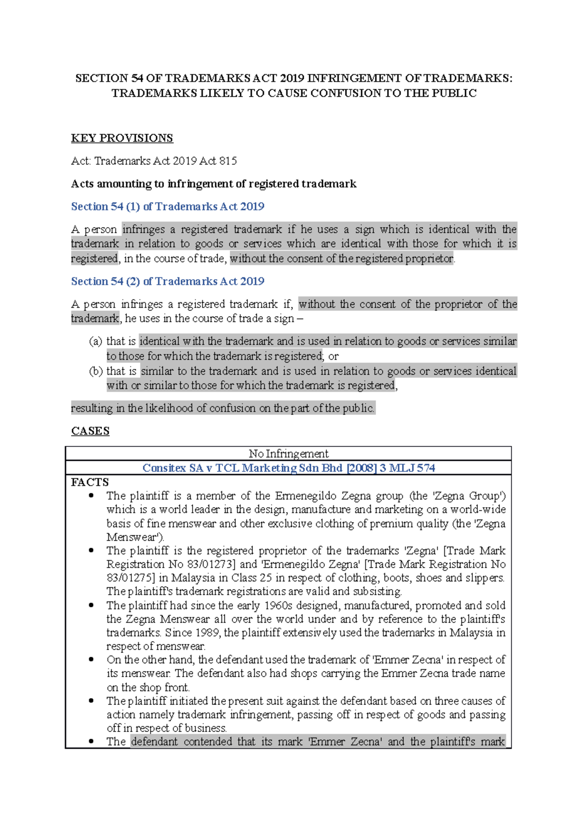 Section 54 Infrigement OF Trademarks Research SECTION 54 OF