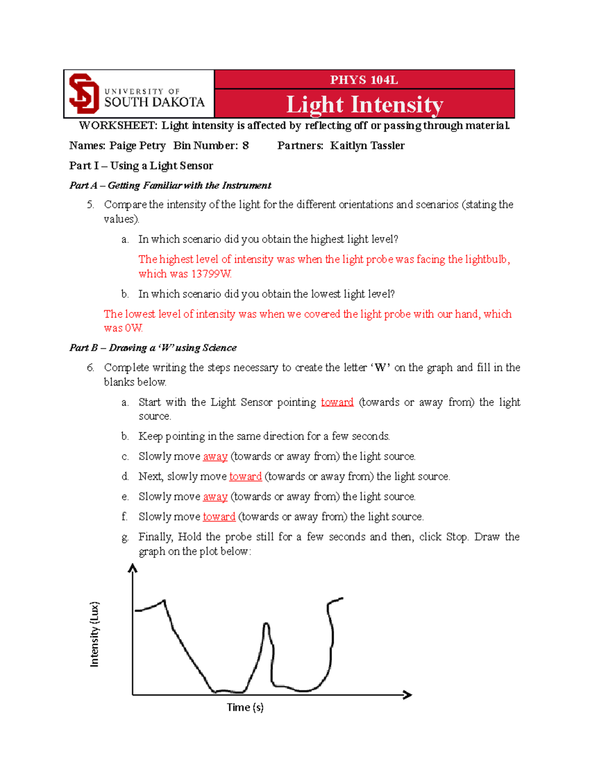 104L5 Worksheet Light Intensity PHYS 104L Light Intensity WORKSHEET