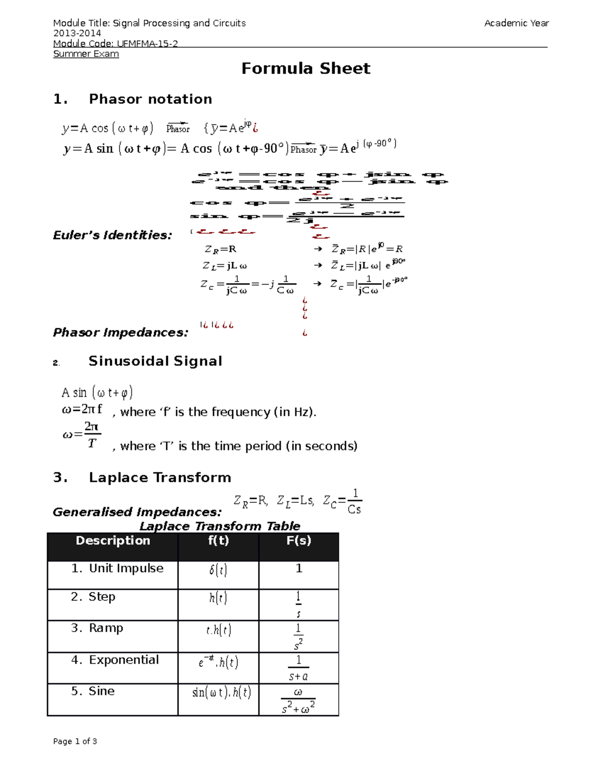 Summer Exam 2014 Formula Sheet - Module Title: Signal Processing and ...