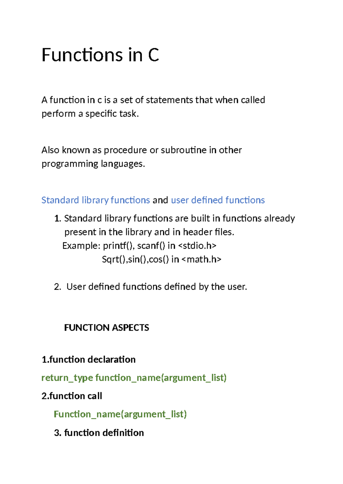 Functions in C - Also known as procedure or subroutine in other ...