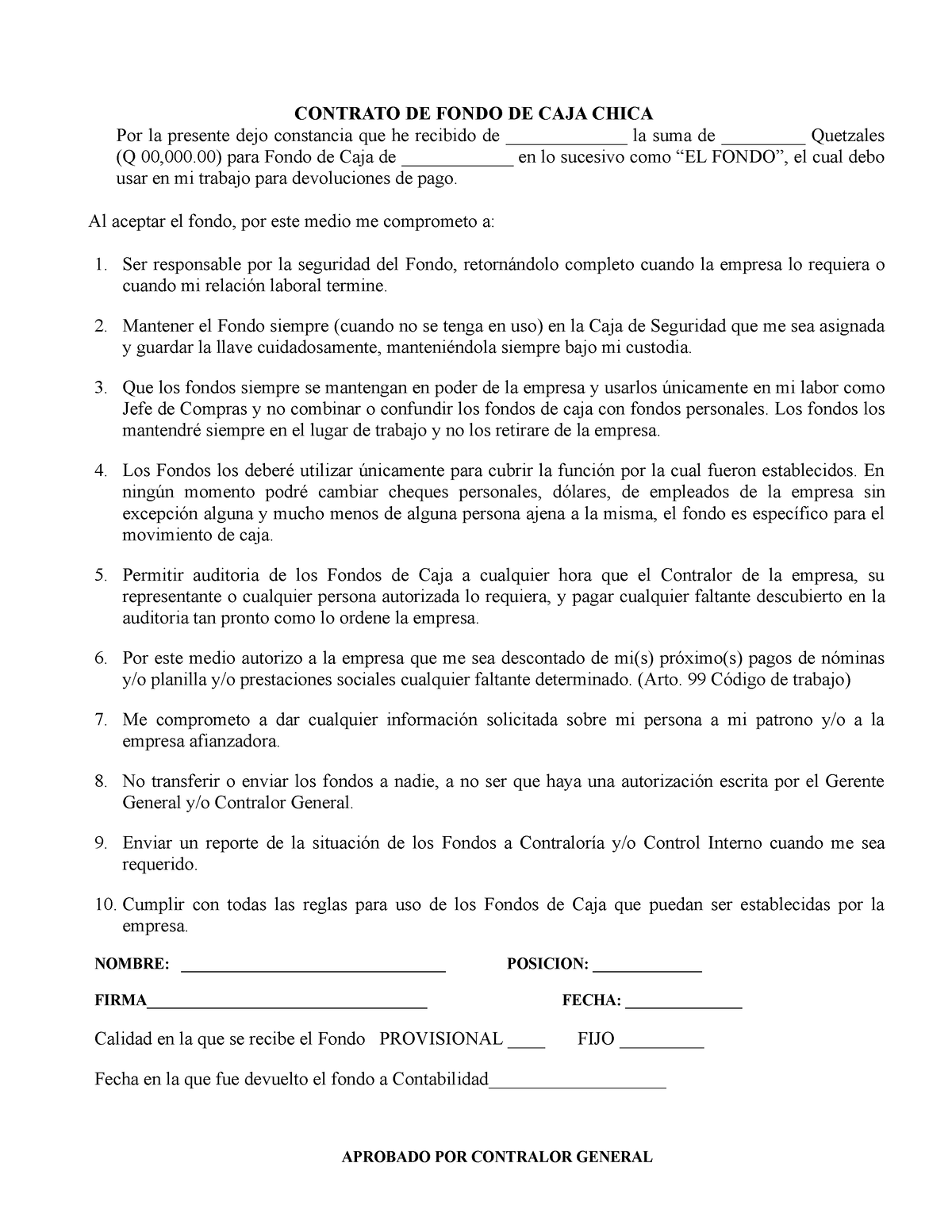 Formato Para Realizar Un Contrato De Caja Chica Contrato De Fondo De Caja Chica Por La 4729