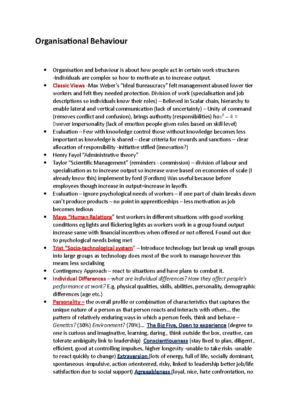 Organisational Behaviour Notes - Organisational Behaviour Organisation ...