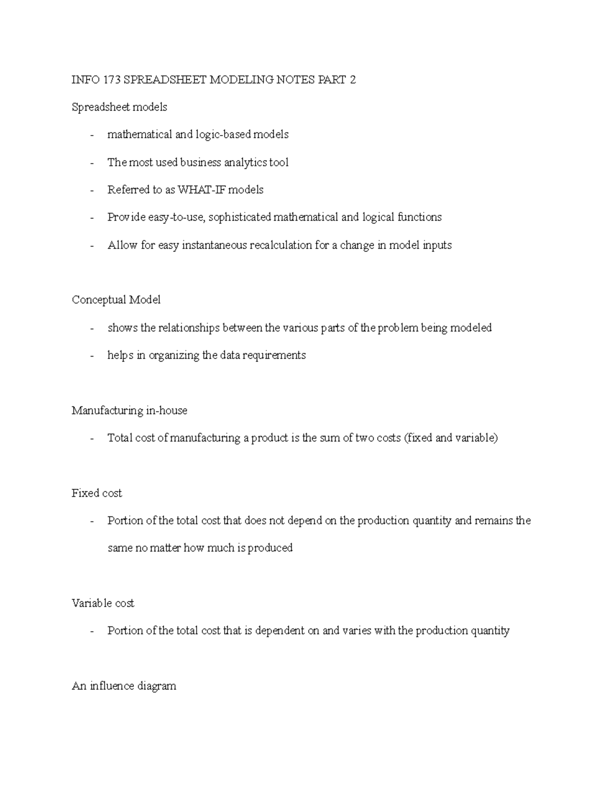 INFO 173 Spreadsheet Modeling Notes PART 2 - INFO 173 SPREADSHEET ...