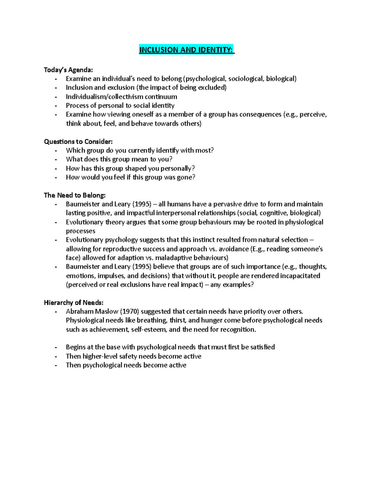 Lecture 4 – Notes - INCLUSION AND IDENTITY: Today’s Agenda: - Examine ...