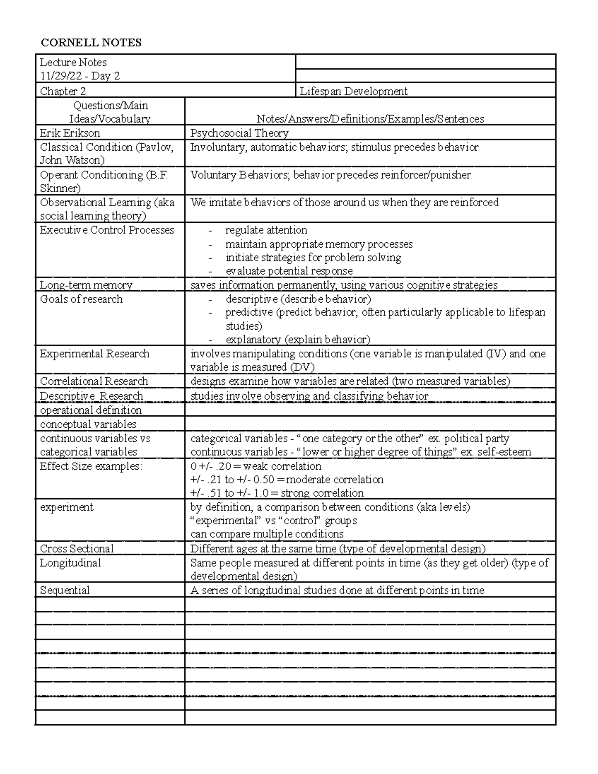Day 2 Lecture Notes - Lifespan Development - CORNELL NOTES Lecture ...