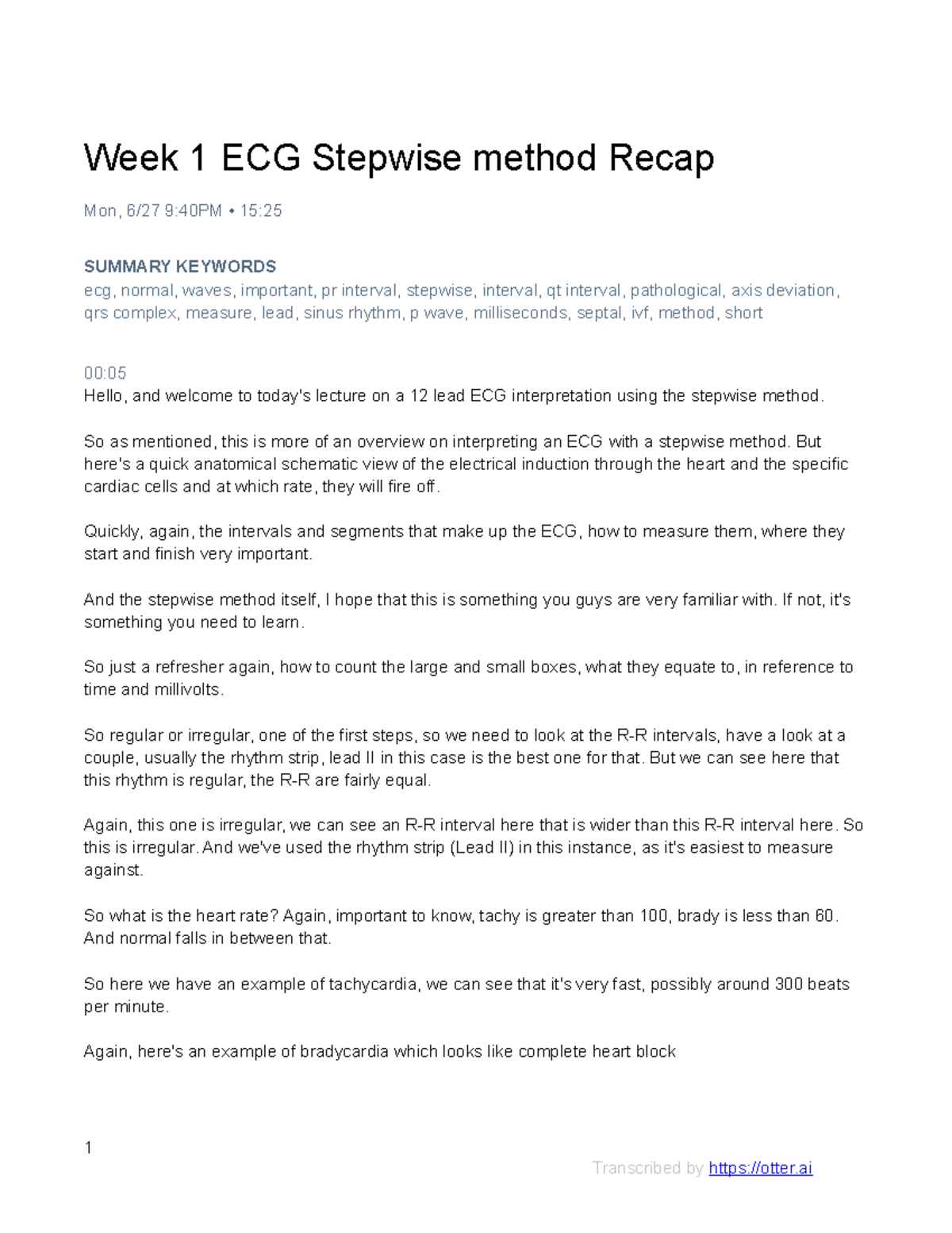Week 1 ECG Stepwise method Recap otter ai - Week 1 ECG Stepwise method ...