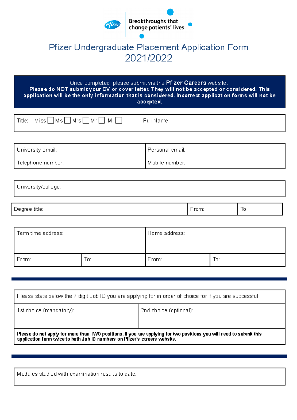 Pfizer application form - 2021-22 - Pfizer Undergraduate Placement ...