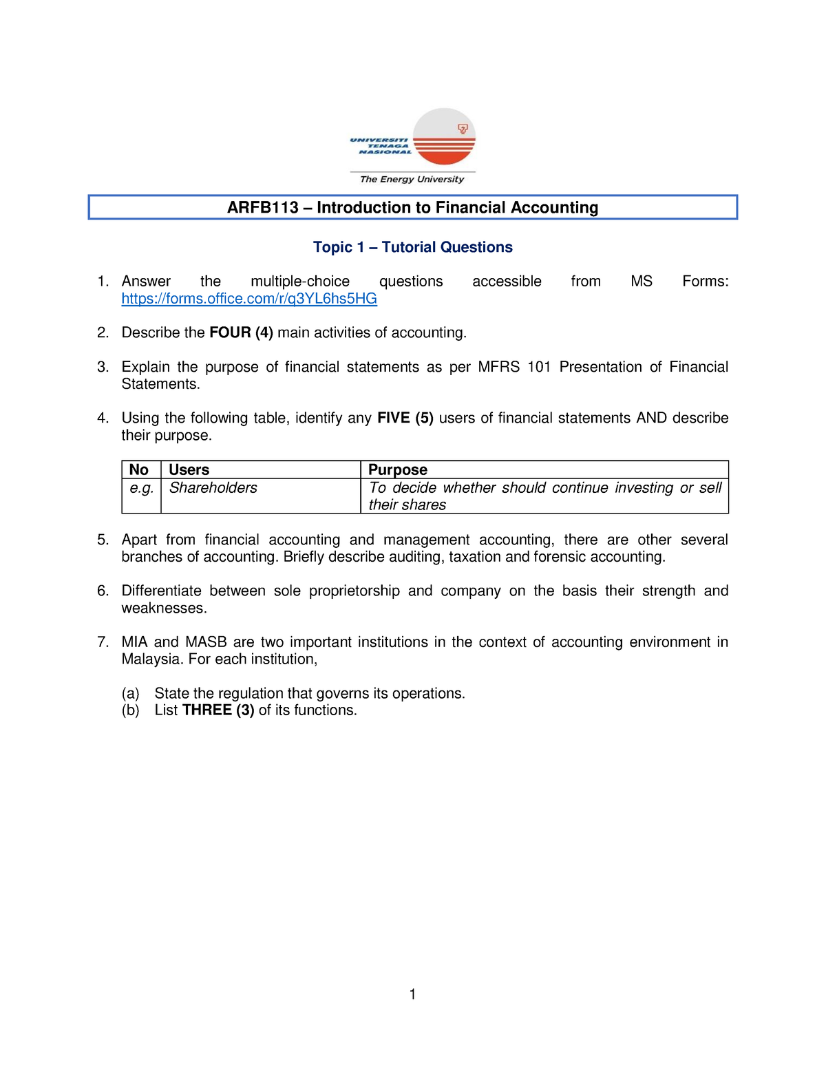 Tutorials - Topic 1 - 1 ARFB113 – Introduction To Financial Accounting ...