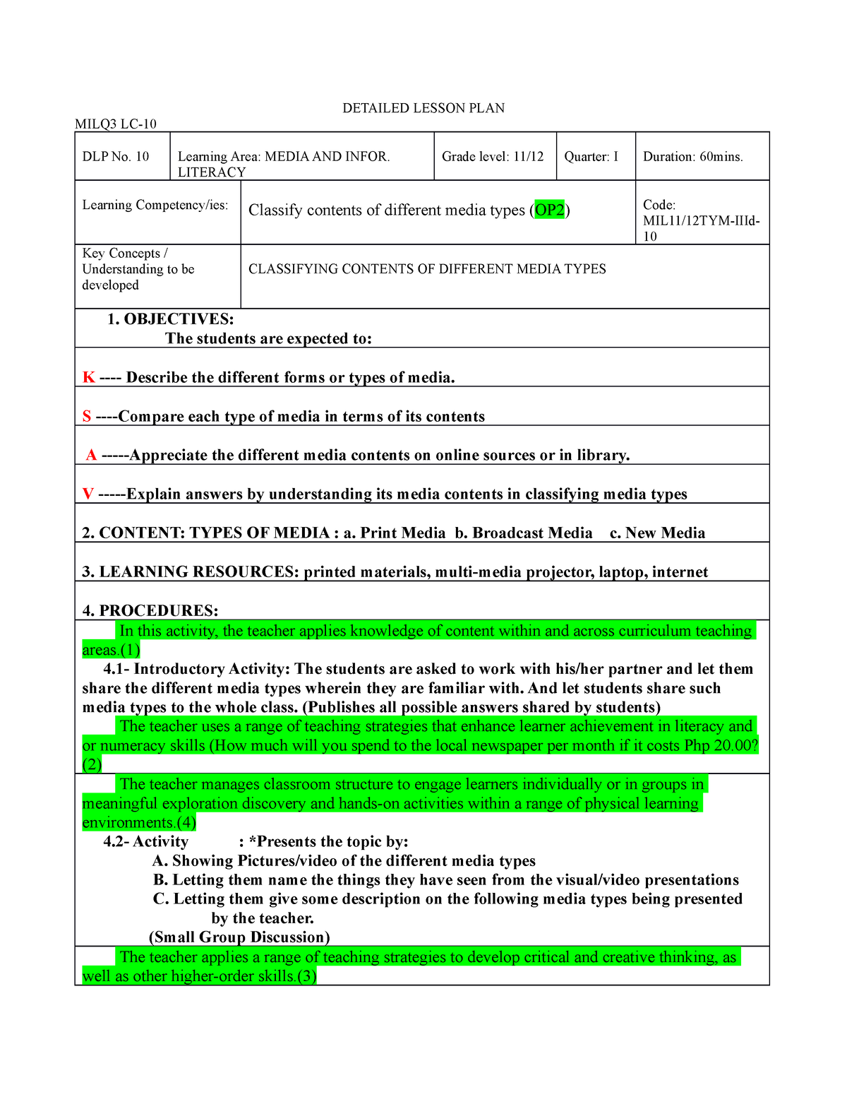 MILQ1 LC10 - MIL - DETAILED LESSON PLAN MILQ3 LC- DLP No. 10 Learning ...