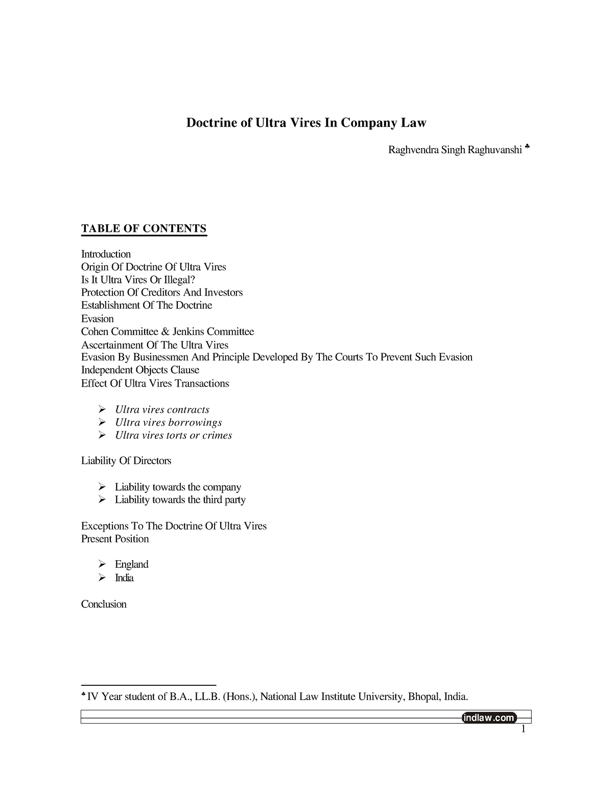 Doctrine Of Ultra Vires In Company Law - Indlaw Doctrine Of Ultra Vires ...