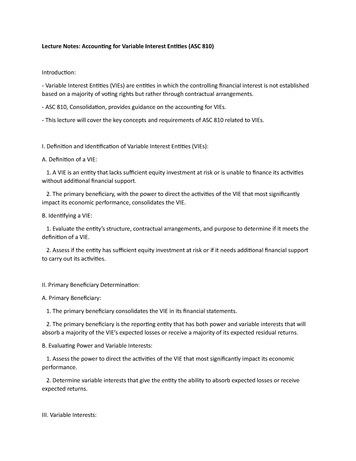 Lecture Notes: Accounting for Variable Interest Entities (ASC 810 ...