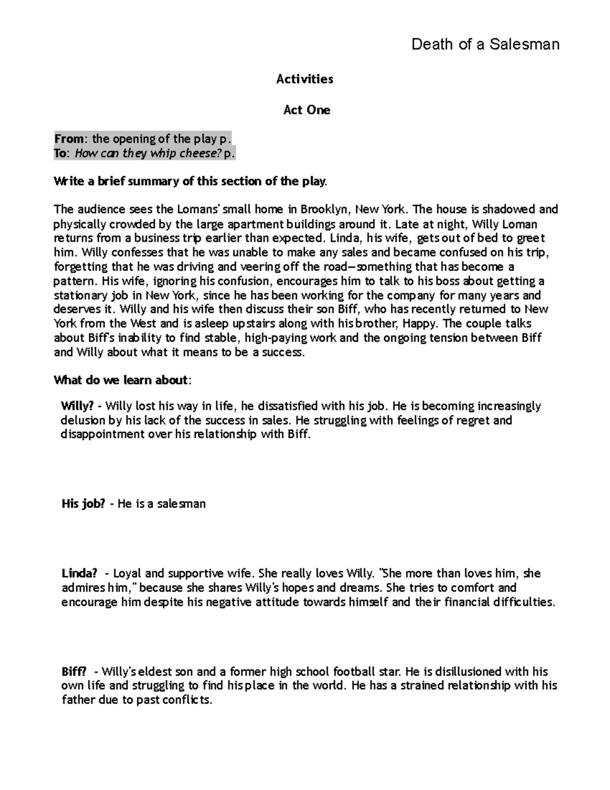The Death of a salesman act 1 assignment Death of a Salesman