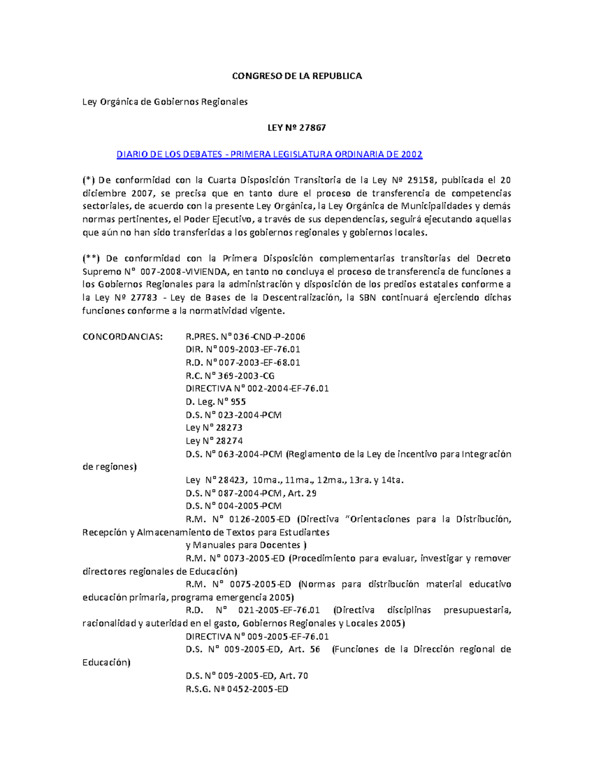 Ley 27867 - Ley Organica De Gobiernos Regionales - CONGRESO DE LA ...