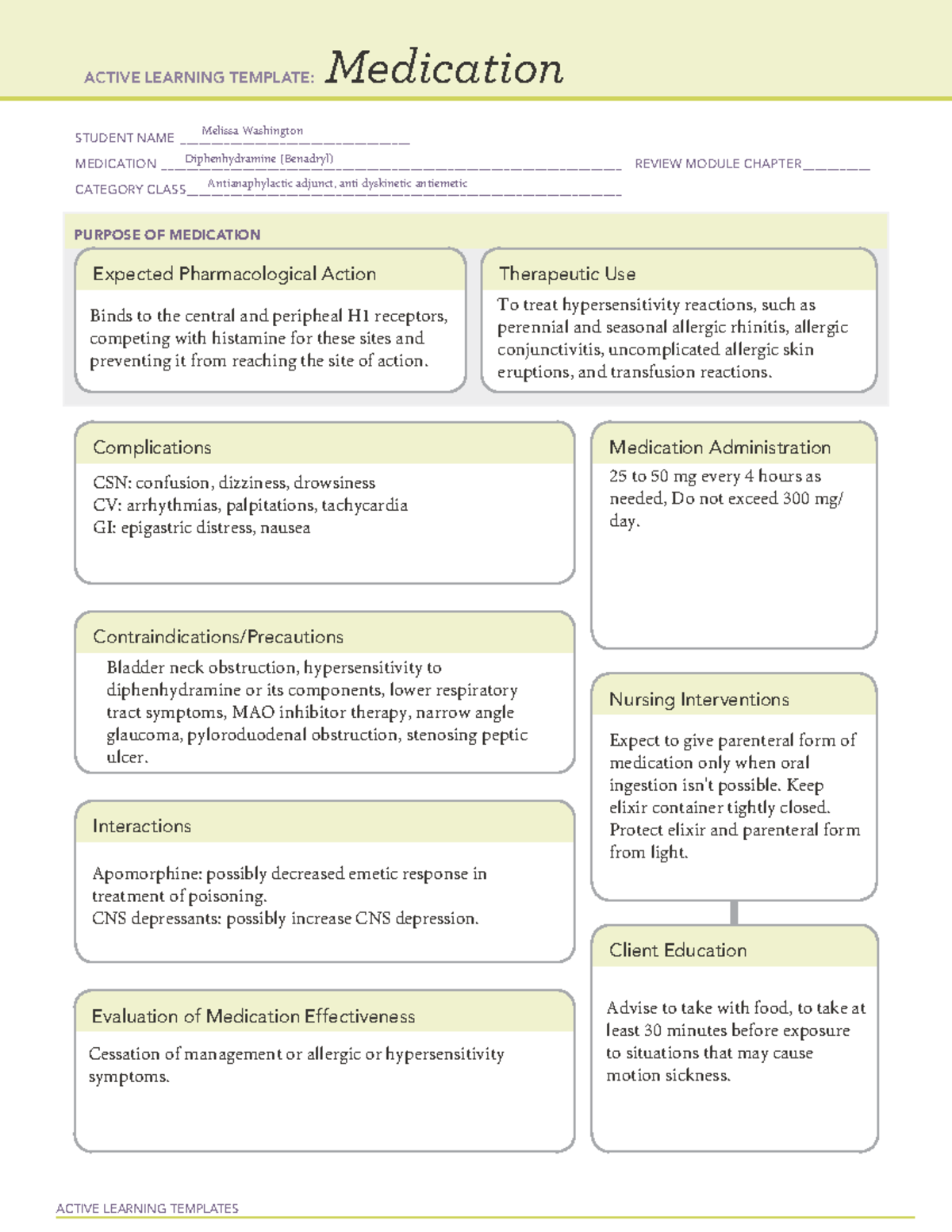 Medsheet diphenhydramine(benadryl) ACTIVE LEARNING TEMPLATES