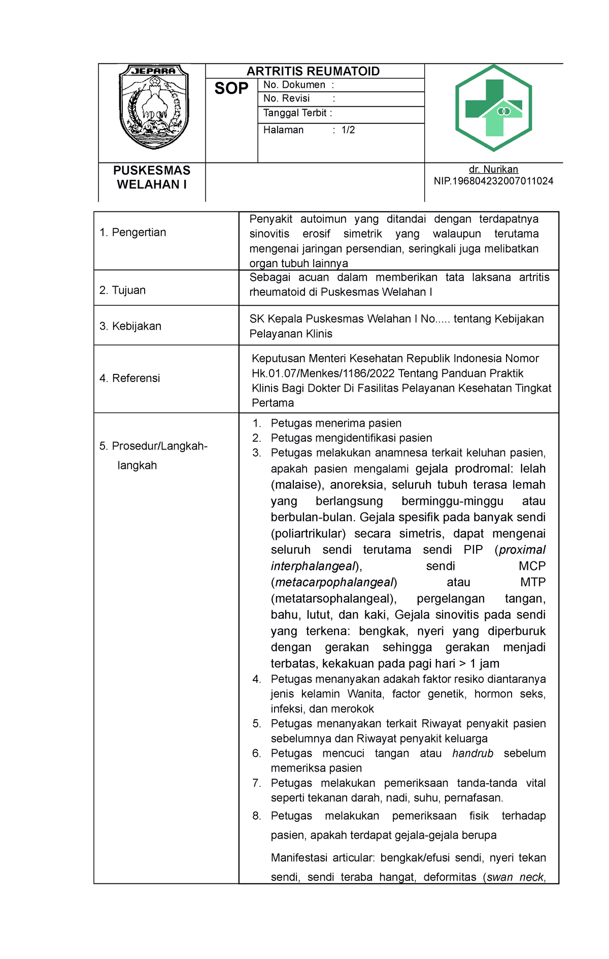 SOP Artritis Reumatoid - Pengertian Penyakit Autoimun Yang Ditandai ...