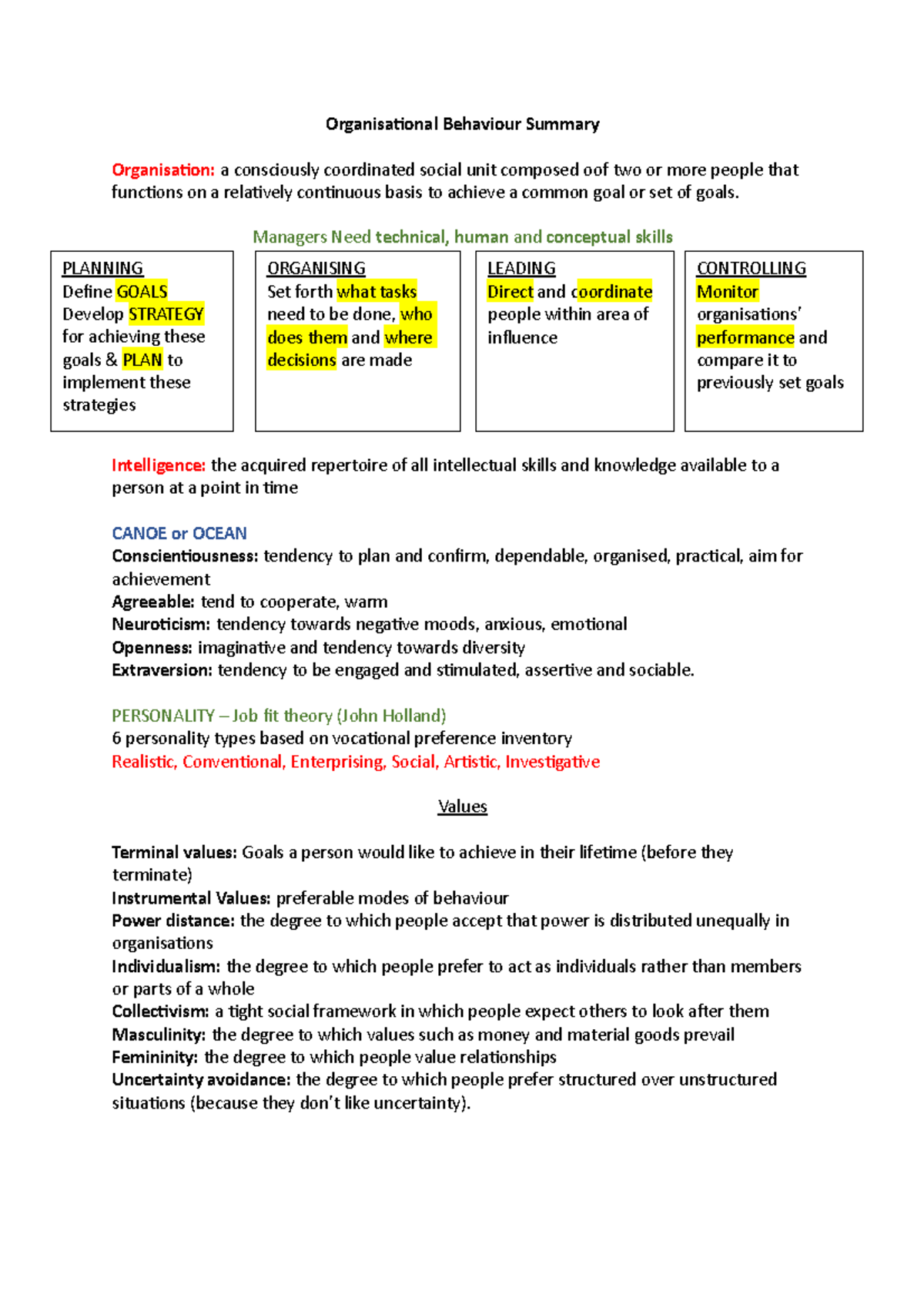 Organisational Behaviour Summary - Organisaional Behaviour Summary ...