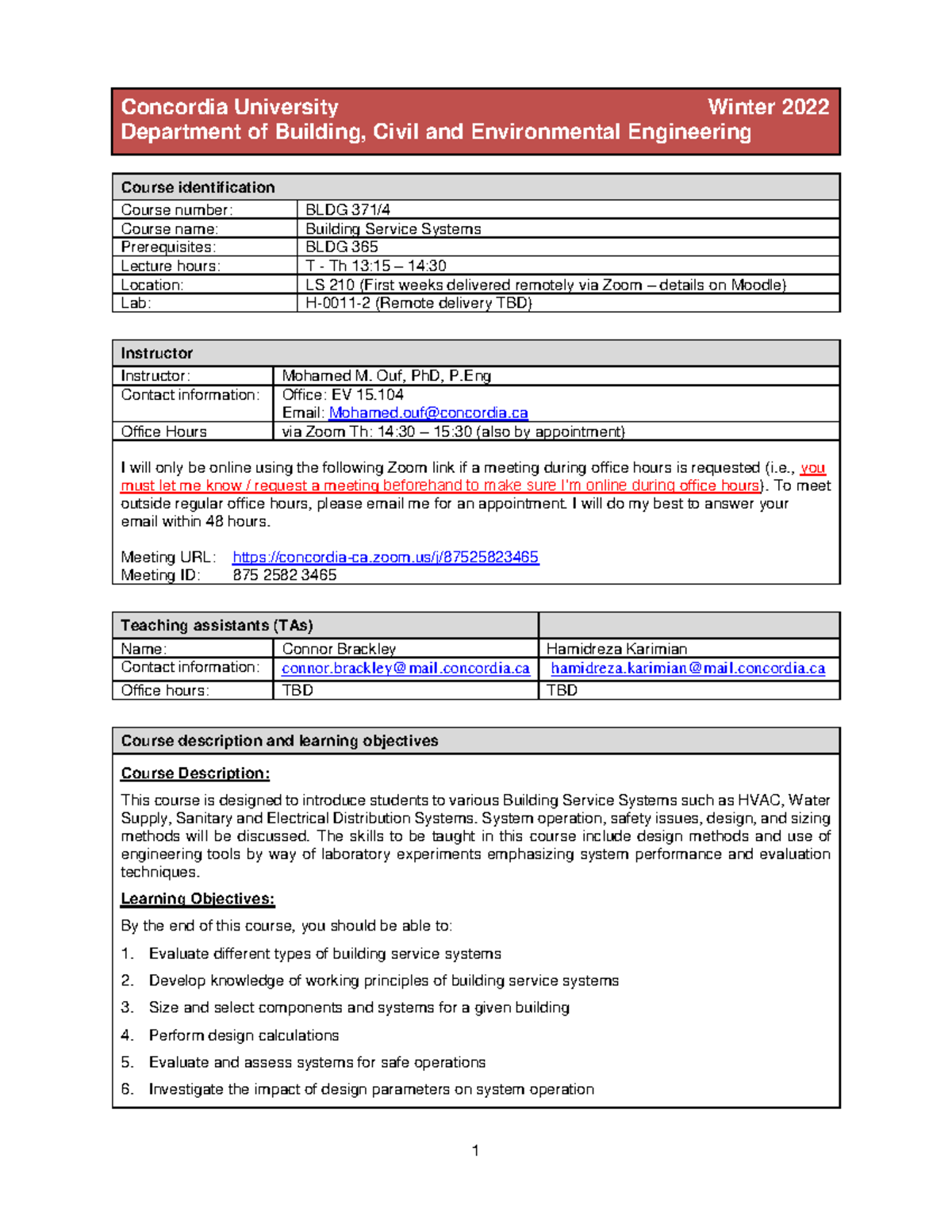 BLDG371 Course Outline Ouf 2021 - Concordia University Winter 2022 ...