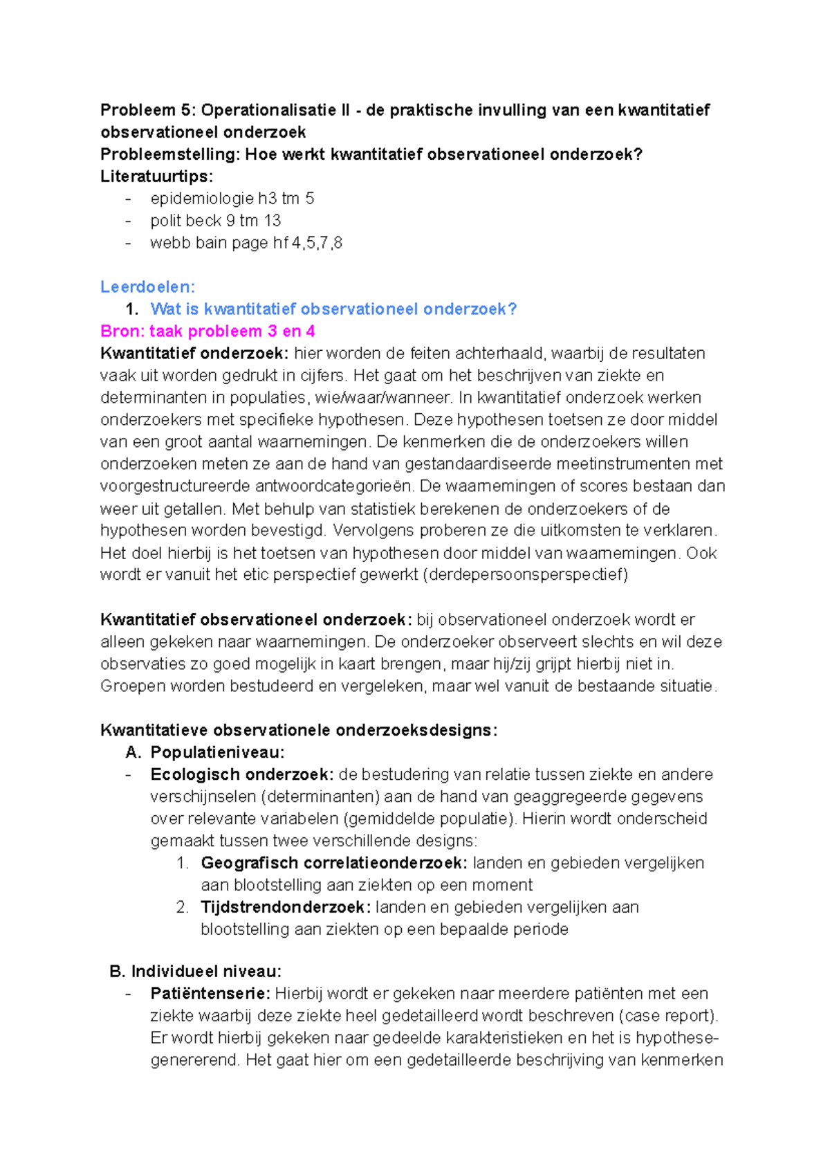 Blok 3 Probleem 5 En 6 - Blok 3 - Probleem 5: Operationalisatie II - De ...