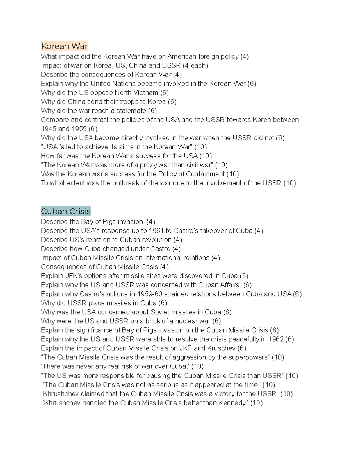 CORE 5 questions igcse notes Korean War What impact did the Korean
