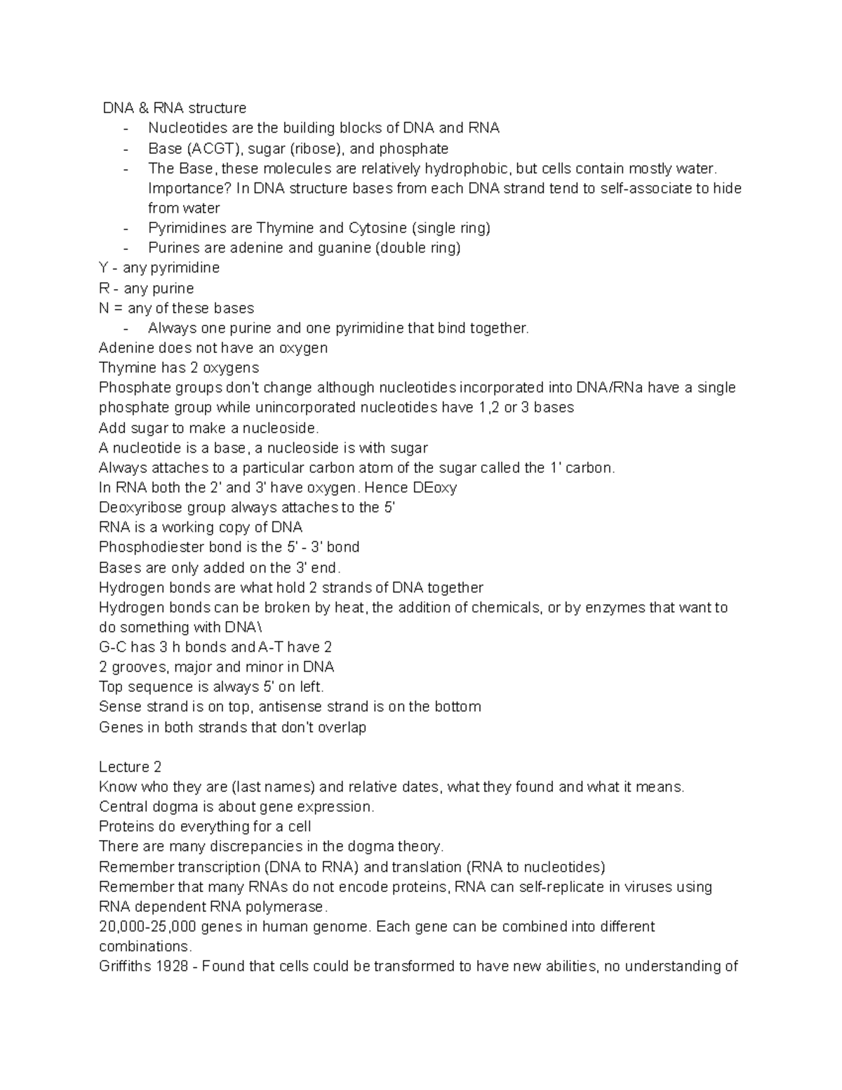 Mmbio U1 - Lecture notes 1-9 - DNA & RNA structure - Nucleotides are ...