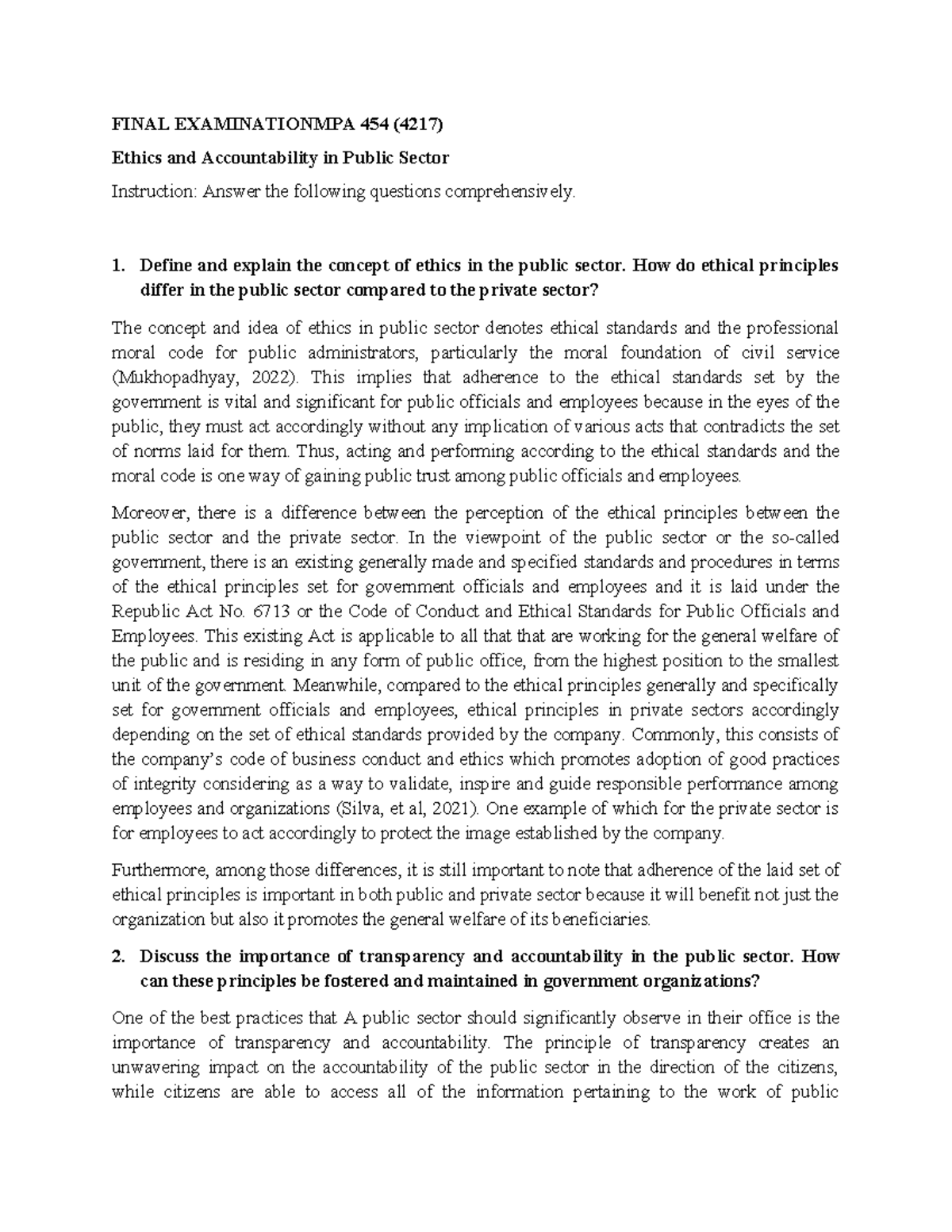 Ethics and Accountability in Public Sector - FINAL EXAMINATIONMPA 454 ...