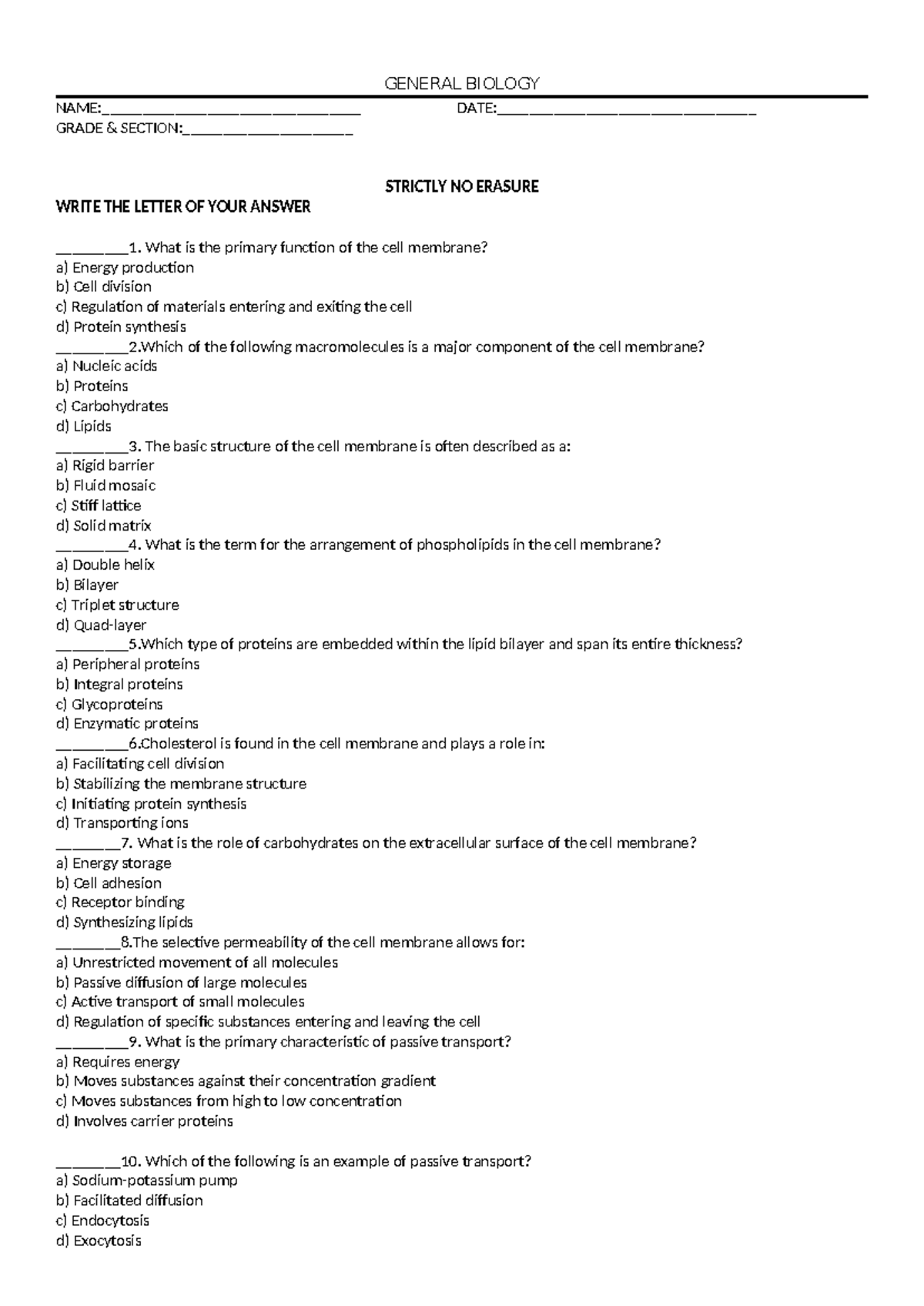 General BIO - test questions - GENERAL BIOLOGY NAME ...