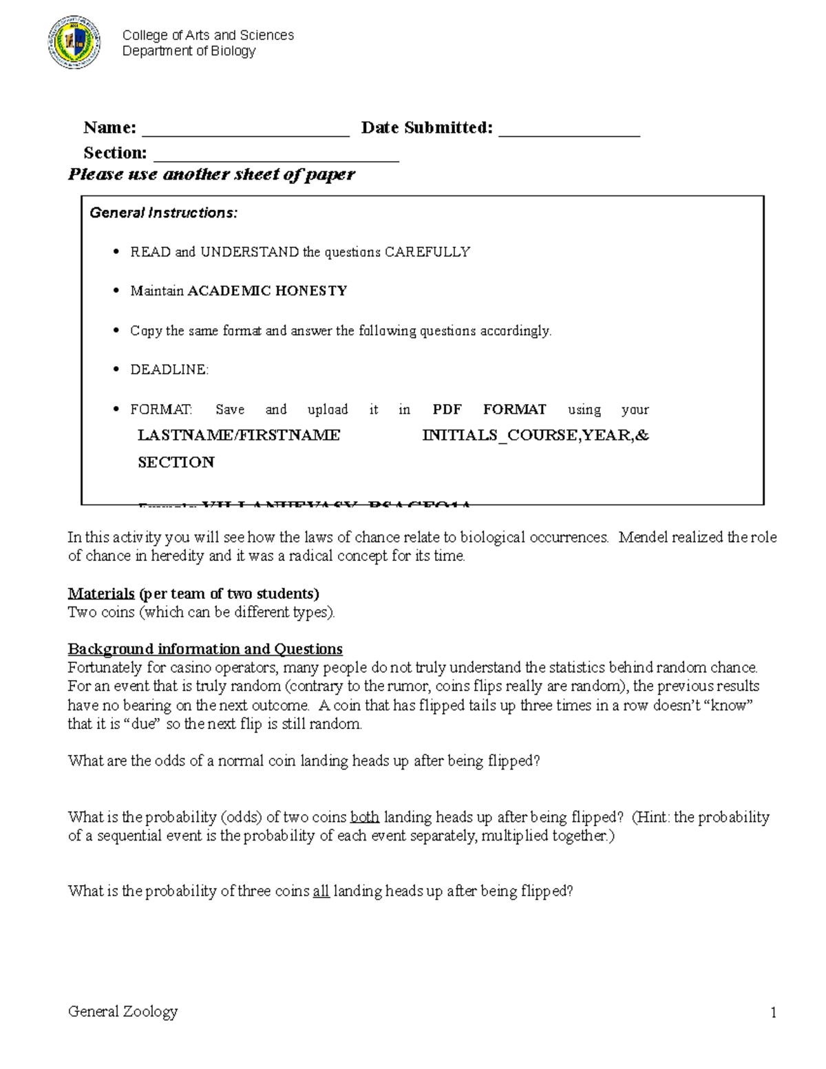 Activity Module 7 General Zoology College of Arts and Sciences