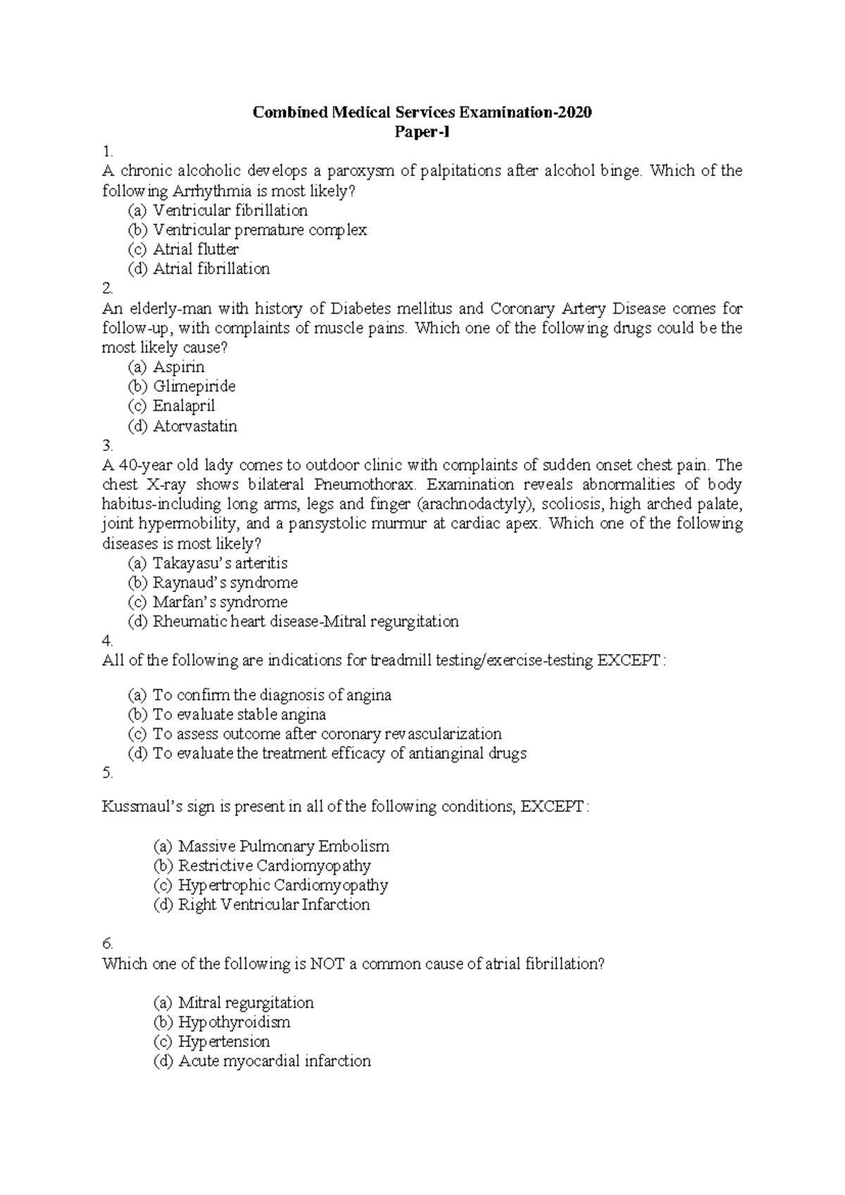 CMS Paper I 2020 - Combined Medical Services Examination- Paper-I 1. A ...