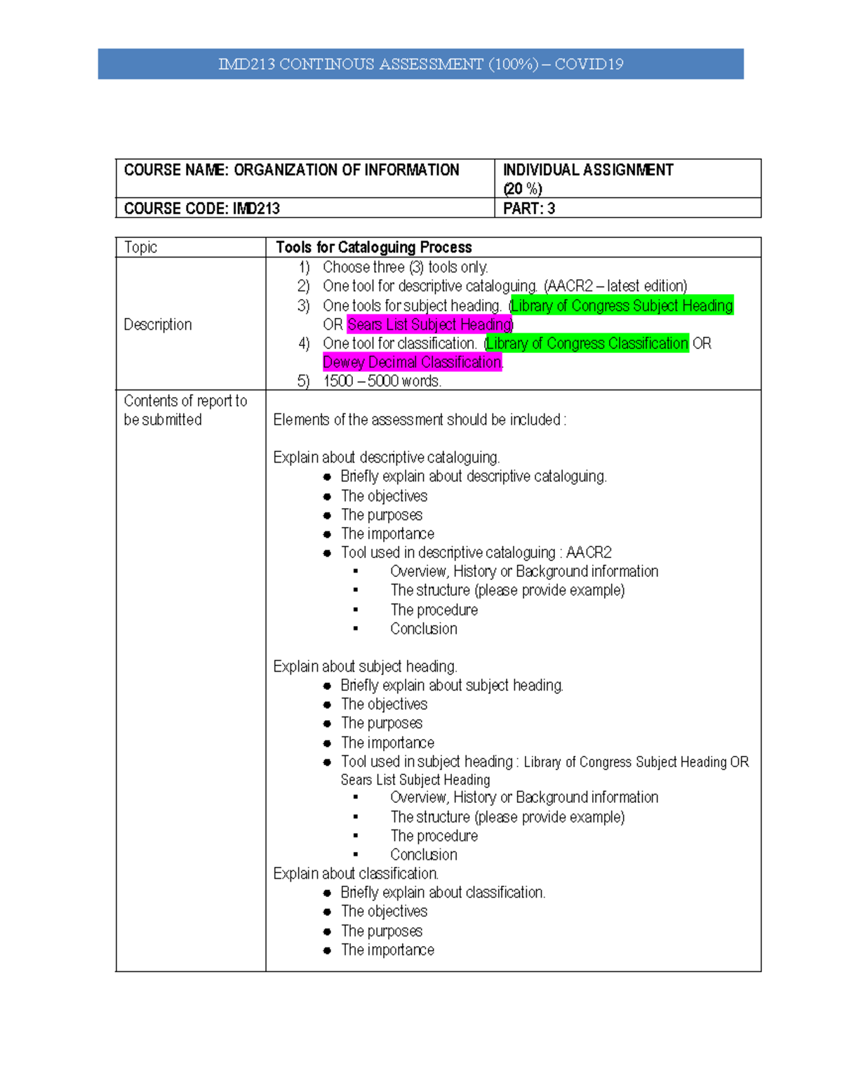 Imd213 Tools Individual Assignments - Imd213 Continous Assessment (100% 