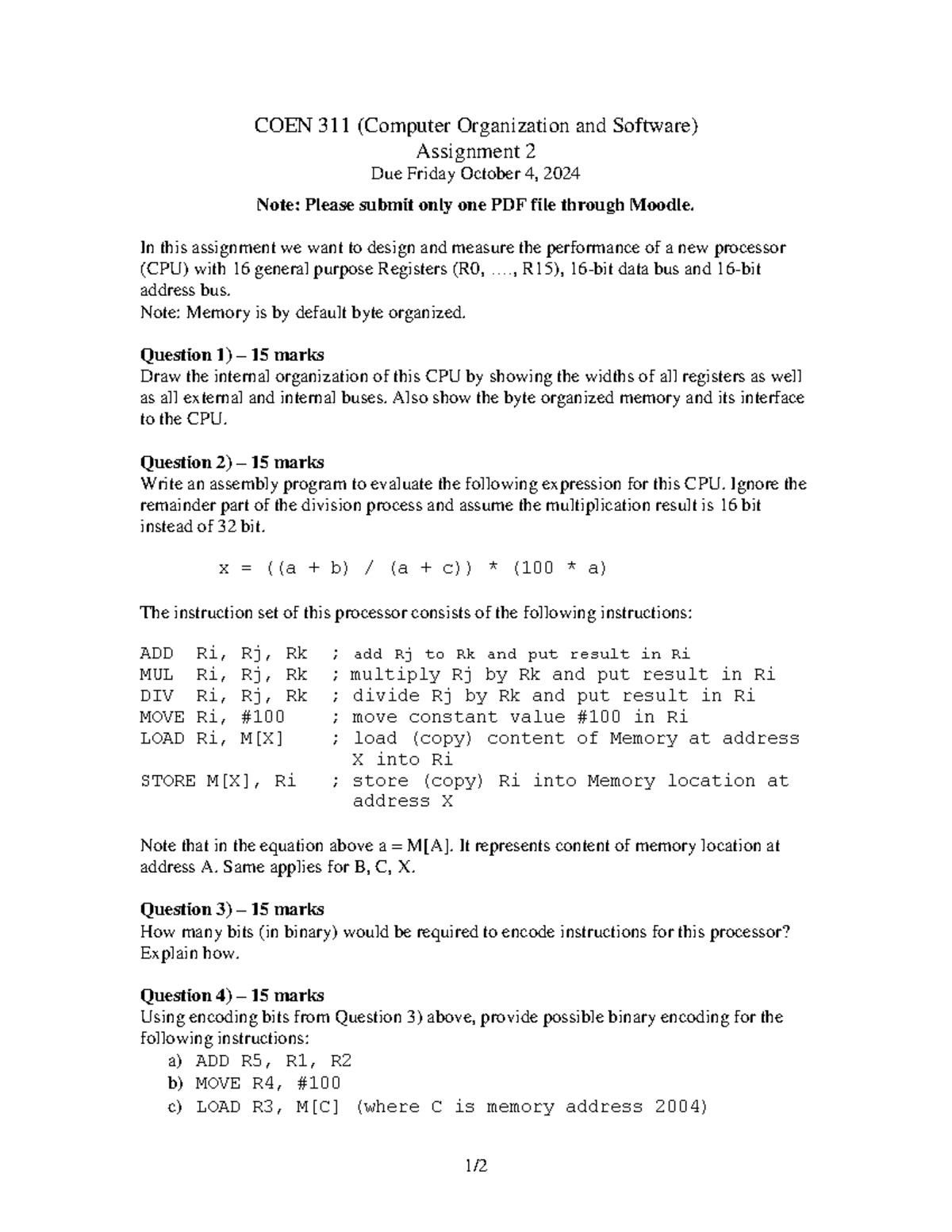 Assignment 2 - 1 / 2 COEN 311 (Computer Organization and Software ...