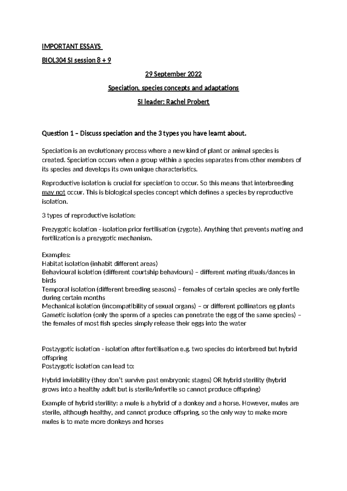 NB - Summary Evolution and Systematics - IMPORTANT ESSAYS BIOL304 SI ...