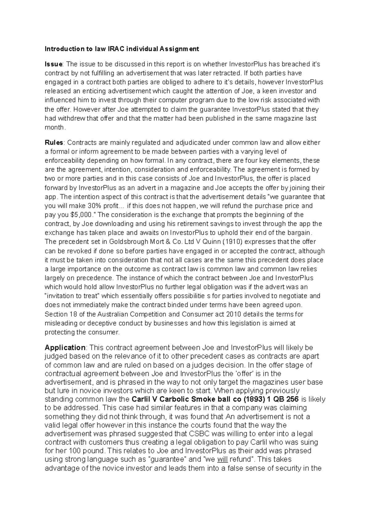 Legl1001 IRAC individual - Introduction to law IRAC individual ...