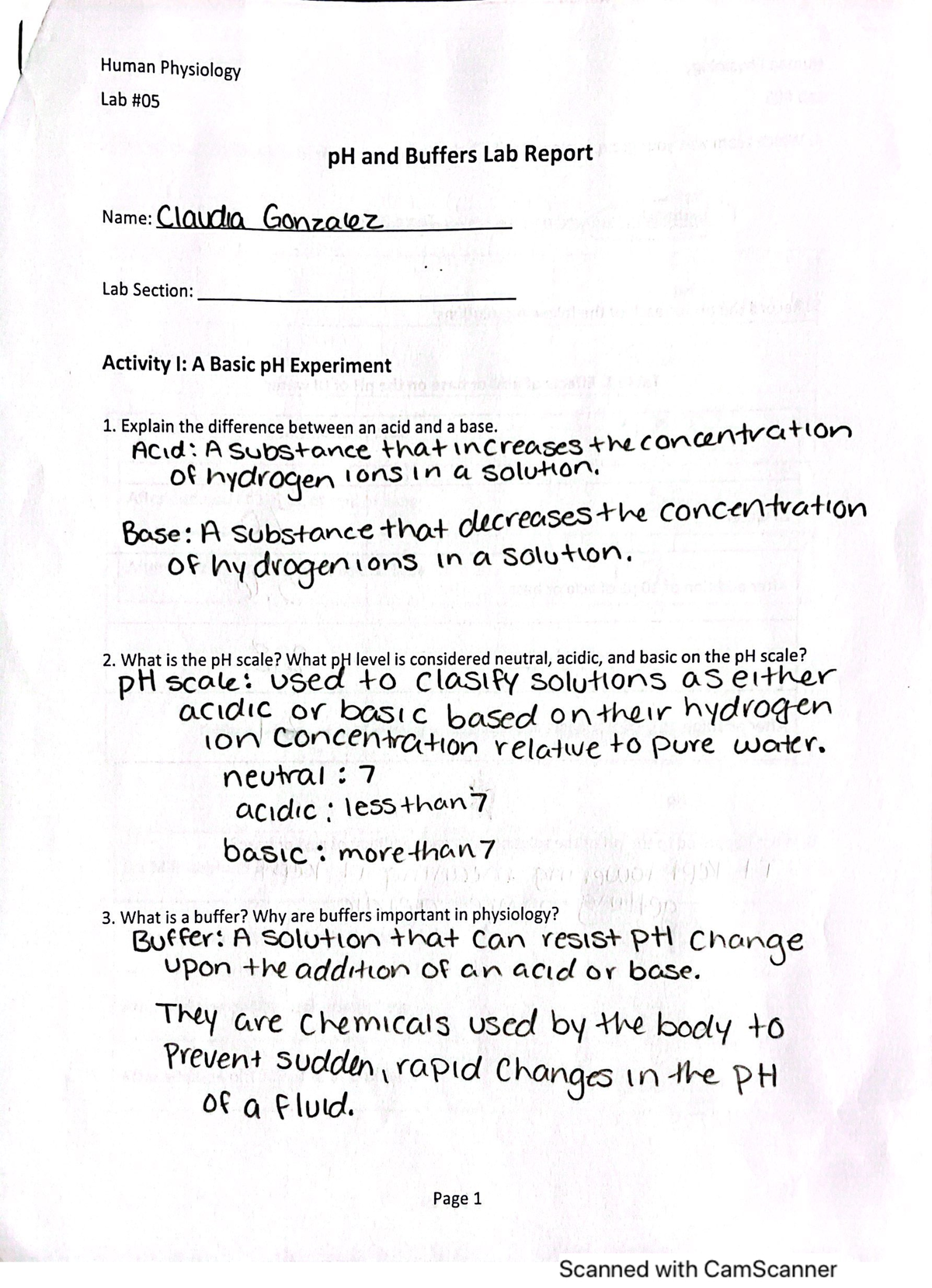 PHSO Laboratory 6 Human Physiology Lab pH and Buffers Lab Report Name