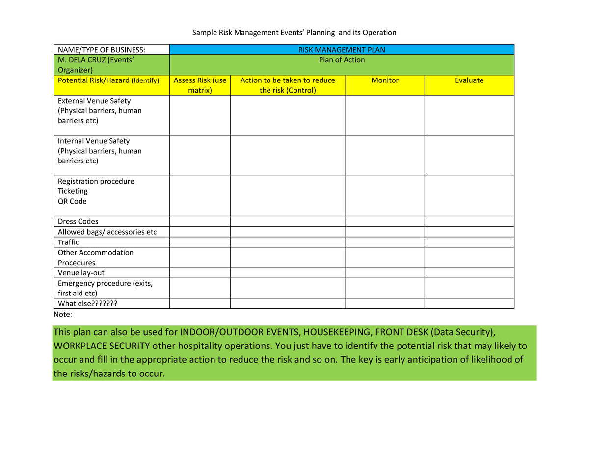 Sample RISK MGT. PLAN. (events' security) - Sample Risk Management ...