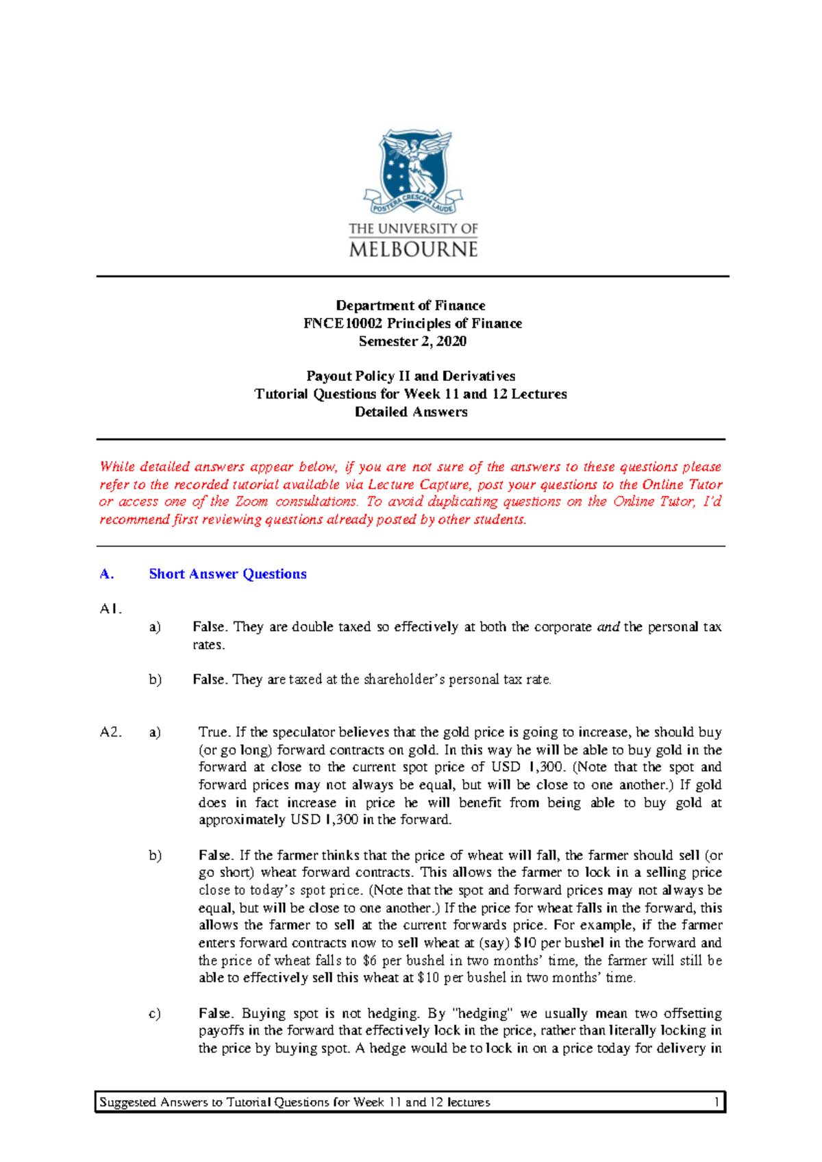 FNCE10002-Tutorial Wk12-Sem2-2020 Answers - Suggested Answers to ...