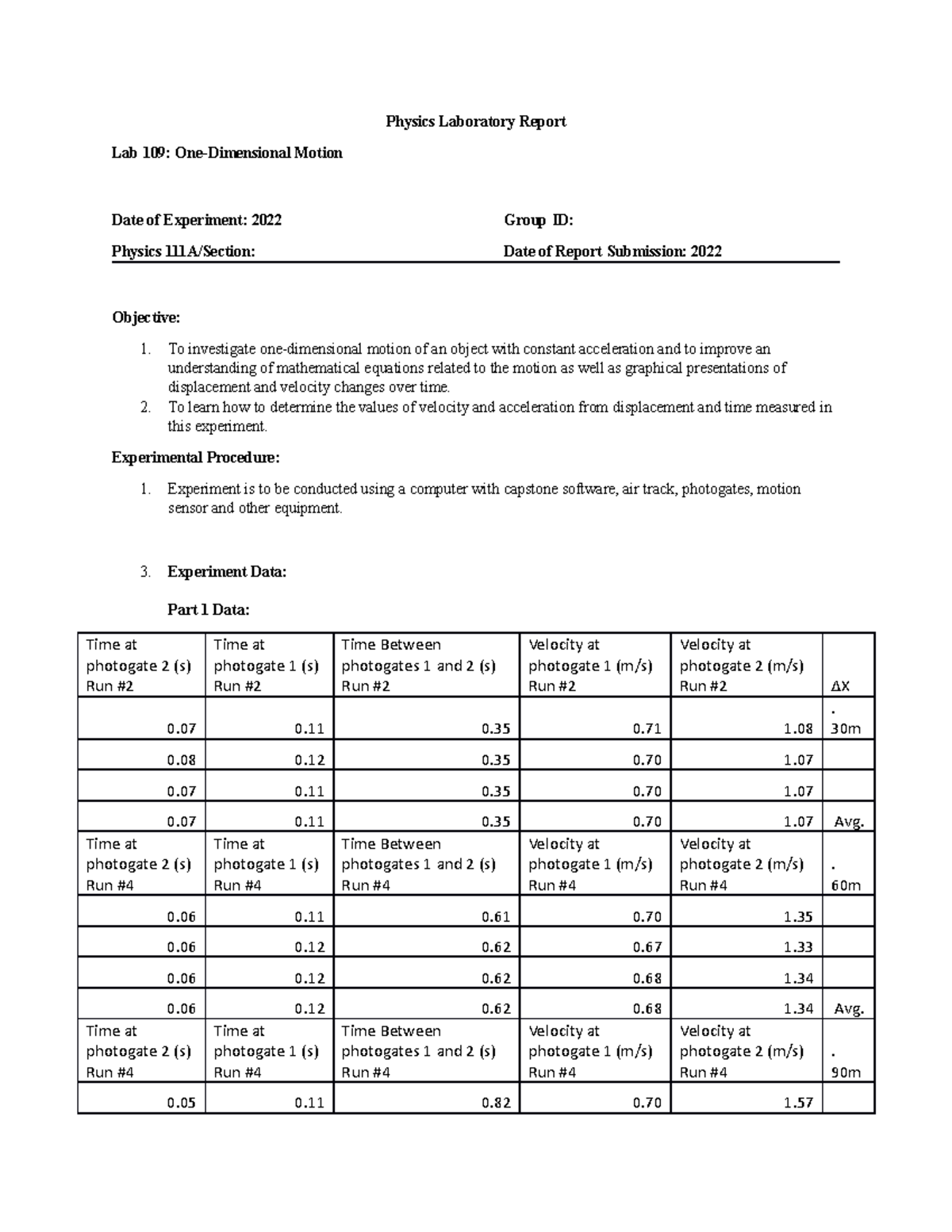 lab109-one-dimensional-motion-report-physics-laboratory-report-lab