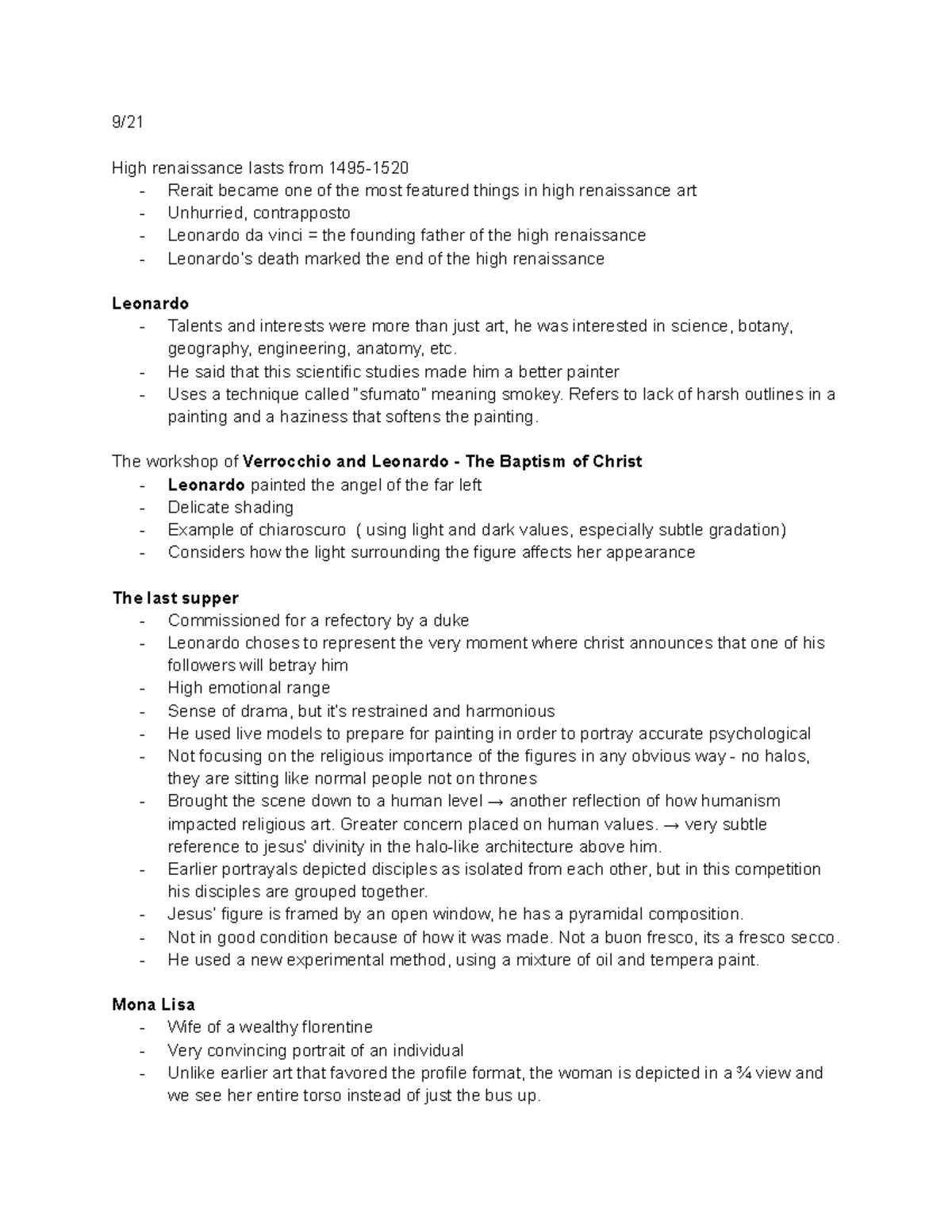 ART 188 Notes Exam 2 - 9/ High renaissance lasts from 1495- Rerait ...